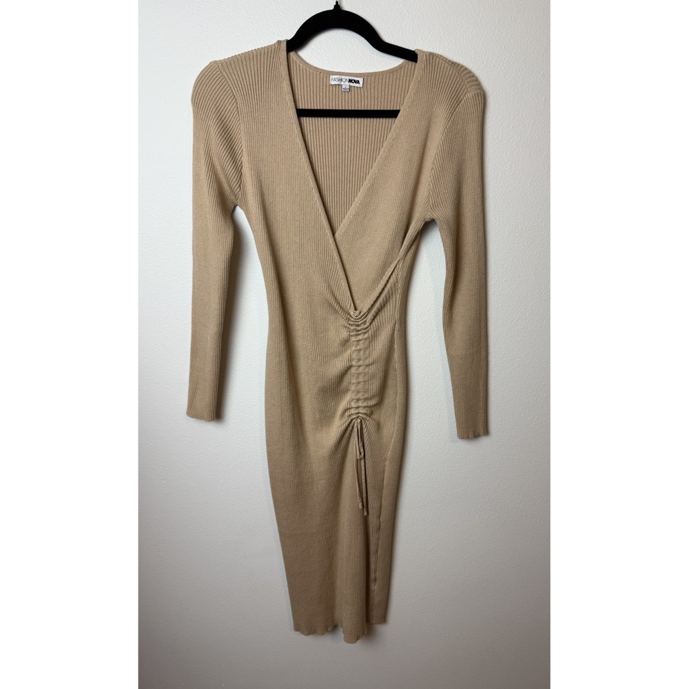 FASHION NOVA Women's Taupe Long Sleeve Sweater V Neck‎ Ruched Midi Dress L